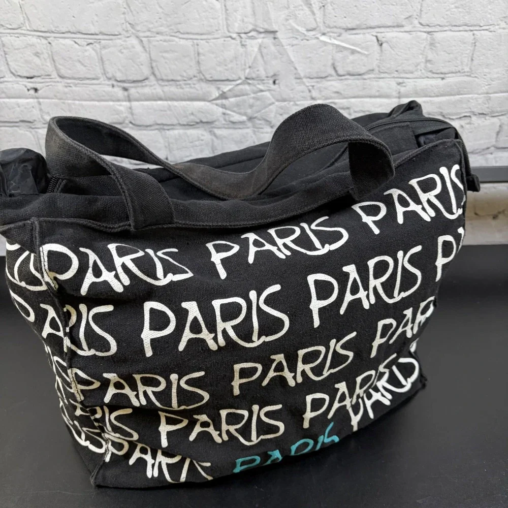 Robin Ruth Paris Canvas Tote Bag Black Script Print Zippered Shoulder Bag Travel